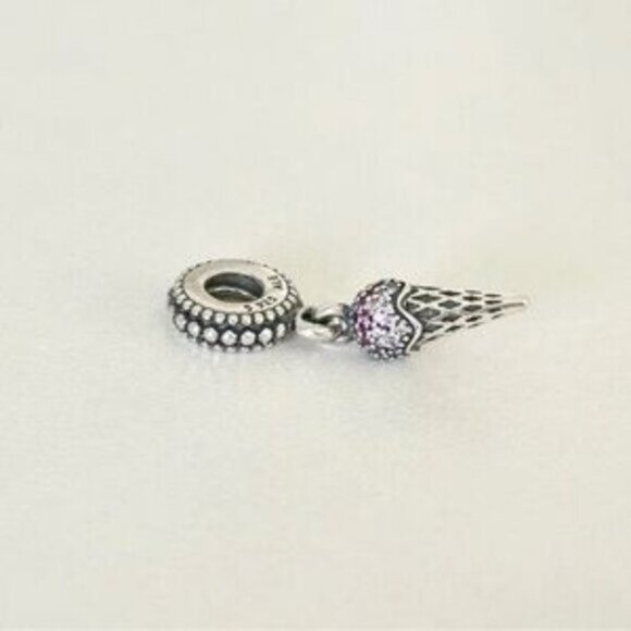 Pandora Ice Cream Cone Pink & Clear Sparkly CZ Dangle Bead Charm - Picture 2 of 4